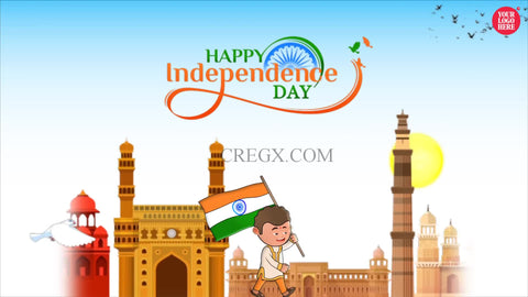 Happy Independence Day banner with a child holding an Indian flag, architectural elements, and a blue sky.